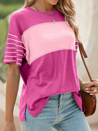 Color Block Striped Sleeve Casual T-Shirt - Update AvenueT-ShirtsTrendsi10010098734111210010098734111258604b82 - 3028 - 4c67 - 9df9 - 3162c983f8a1 - Max - OriginHot Pink