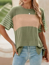 Color Block Striped Sleeve Casual T-Shirt - Update AvenueT-ShirtsTrendsi100100987341615100100987341615f99be510 - 4082 - 4e11 - 94eb - 232a6a684c16 - Max - OriginMatcha Green
