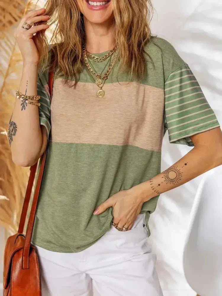 Color Block Striped Sleeve Casual T-Shirt - Update AvenueT-ShirtsTrendsi100100987341615100100987341615c1ba9ecd - 328a - 49da - b123 - 8d16d49a095c - Max - OriginMatcha Green