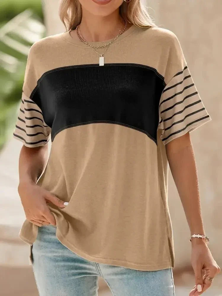 Color Block Striped Sleeve Casual T-Shirt - Update AvenueT-ShirtsTrendsi1001009873416321001009873416324789e1ac - 138b - 423a - a4c0 - e68f24729a52 - Max - OriginTan