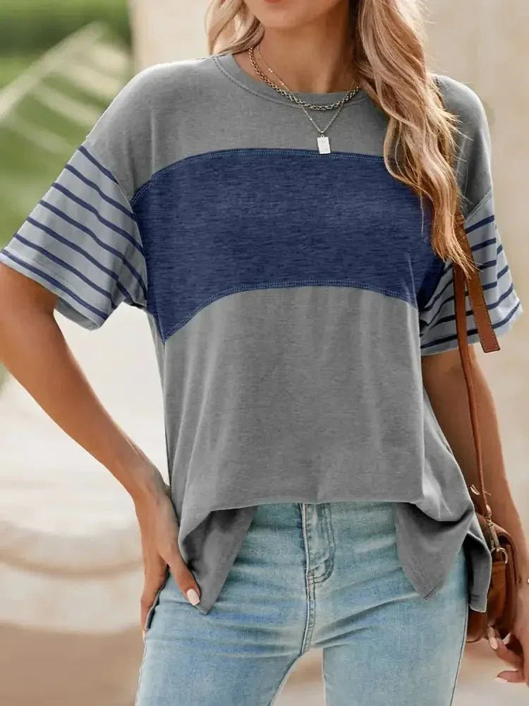 Color Block Striped Sleeve Casual T-Shirt - Update AvenueT-ShirtsTrendsi100100987346924100100987346924f1fa23a3 - e46a - 45aa - a57e - 84adc30506e1 - Max - OriginDusty Blue