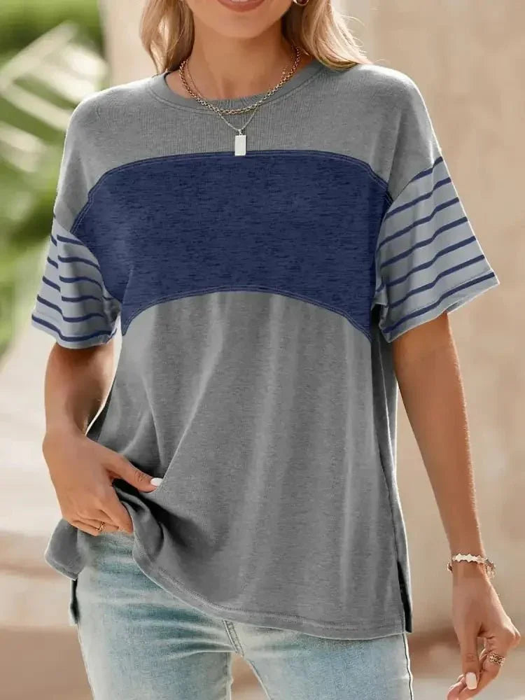 Color Block Striped Sleeve Casual T-Shirt - Update AvenueT-ShirtsTrendsi100100987346924100100987346924b9cee79d - e069 - 40a4 - 9084 - 9cc59a8165f1 - Max - OriginDusty Blue