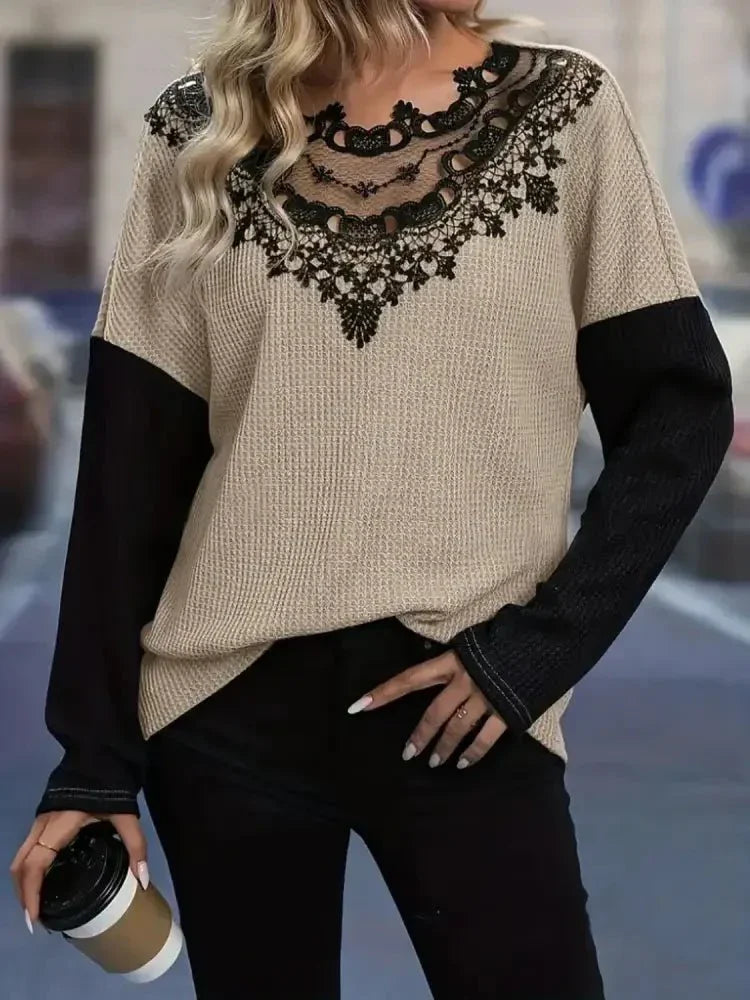 Contrast Lace Round Neck Long Sleeve T-Shirt - Update AvenueT-ShirtsTrendsi100100609041059100100609041059afe472ee - 7df9 - 4301 - 8c80 - ce208e01ce9e - Max - OriginKhaki