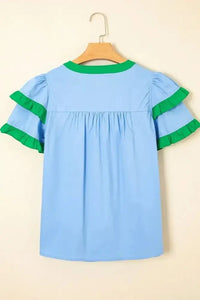 Contrast Notched Neck Frilly Detail Short Sleeve Blouse - Update AvenueTrendsi10010030618817010010030618817042f05542 - e878 - 451f - b15a - b95f88997523 - Max - OriginPastel Blue