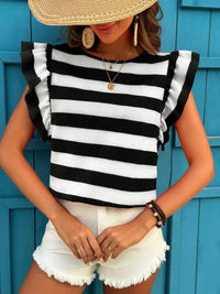 Contrast Striped Ruffle Sleeve T-Shirt - Update AvenueT-ShirtsTrendsi100100395743093100100395743093afc541b242a44252a9d02be5fa9b40b0 - Max - OriginBlack