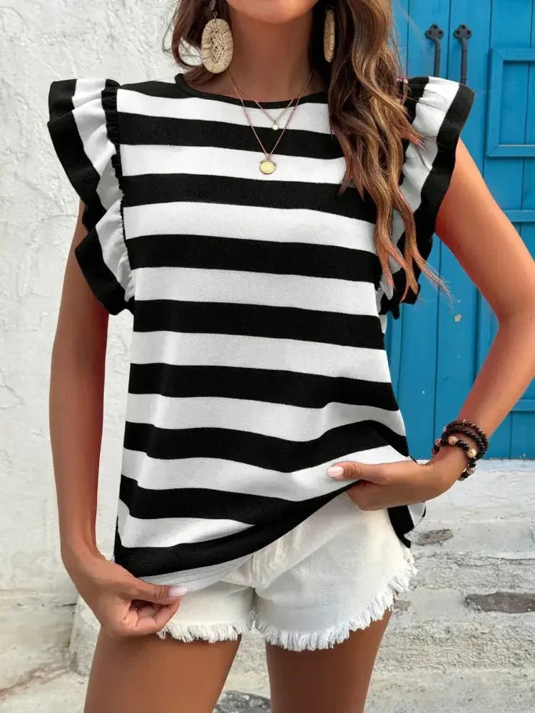 Contrast Striped Ruffle Sleeve T-Shirt - Update AvenueT-ShirtsTrendsi100100395743093100100395743093a910a3916a9244cfa6551deab94ca9e5 - Max - OriginBlack