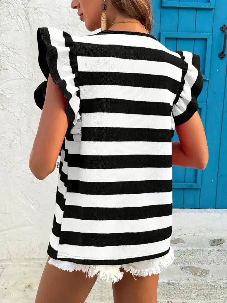 Contrast Striped Ruffle Sleeve T-Shirt - Update AvenueT-ShirtsTrendsi1001003957430931001003957430930d7b5a4a41d940ab8987a5f2043429eb - Max - OriginBlack