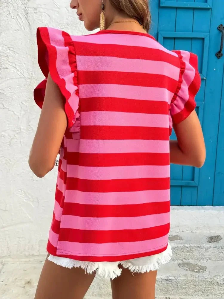 Contrast Striped Ruffle Sleeve T-Shirt - Update AvenueT-ShirtsTrendsi100100395747151100100395747151abcd3d5cc4eb4cb3ae2e82a17221c236 - Max - OriginRed