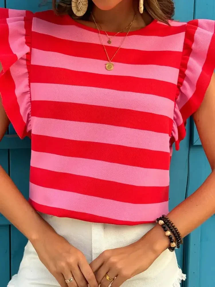 Contrast Striped Ruffle Sleeve T-Shirt - Update AvenueT-ShirtsTrendsi1001003957471511001003957471511ae2d775d9fd433a96144b7c4561f7db - Max - OriginRed