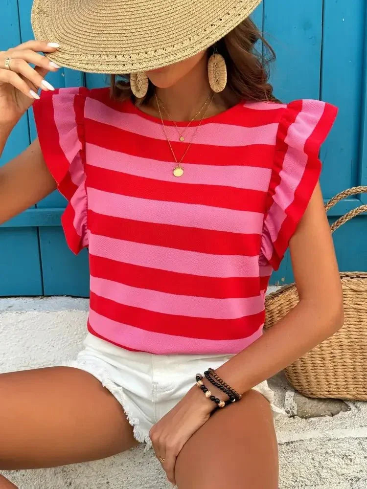 Contrast Striped Ruffle Sleeve T-Shirt - Update AvenueT-ShirtsTrendsi10010039574715110010039574715134a97ced68b64b58bcbeda1e384abca5 - Max - OriginRed