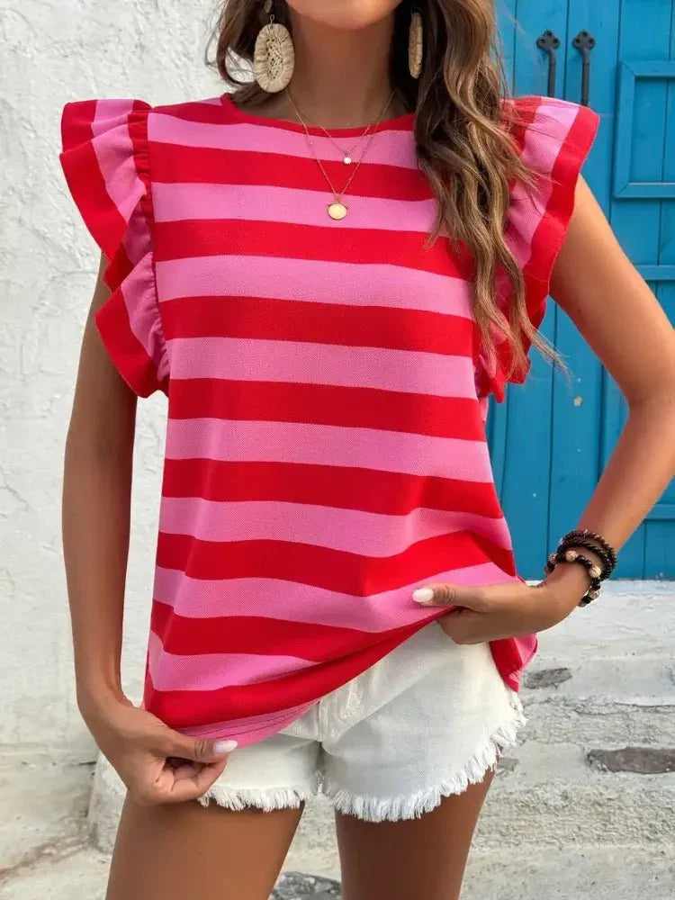 Contrast Striped Ruffle Sleeve T-Shirt - Update AvenueT-ShirtsTrendsi1001003957471511001003957471518cd47c5e91794fd1a7c4f272ab2a9e84 - Max - OriginRed