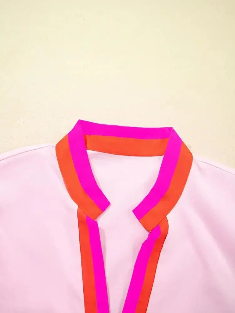 Contrast Trim Notched Short Sleeve Blouse - Update AvenueTrendsi100100037091004100100037091004e59c63d29c3549e3bcacf6574d149f8b - Max - OriginBlush Pink