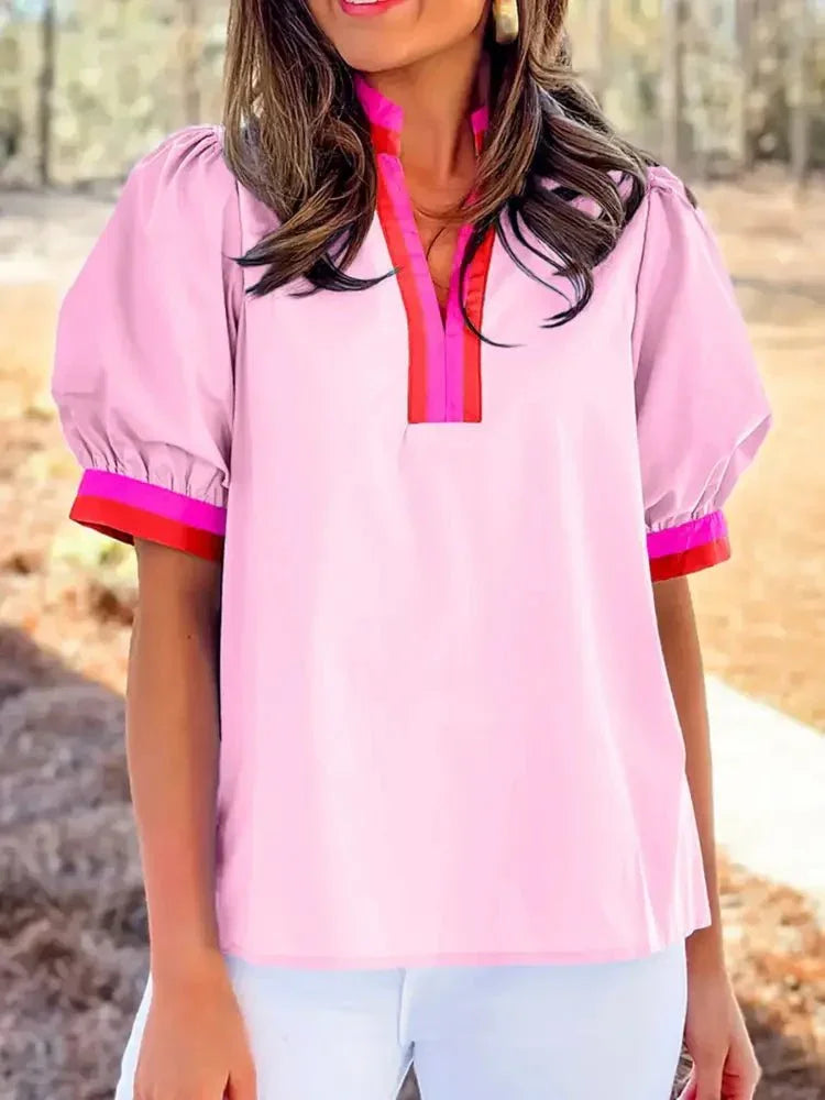 Contrast Trim Notched Short Sleeve Blouse - Update AvenueTrendsi10010003709100410010003709100400c4063381874d8797e76f74ea76642a - Max - OriginBlush Pink