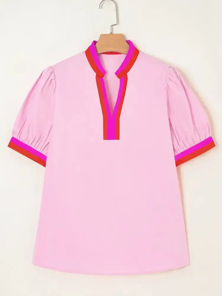 Contrast Trim Notched Short Sleeve Blouse - Update AvenueTrendsi1001000370910041001000370910044c18c6c1cf6d4931af875c66890ad59d - Max - OriginBlush Pink