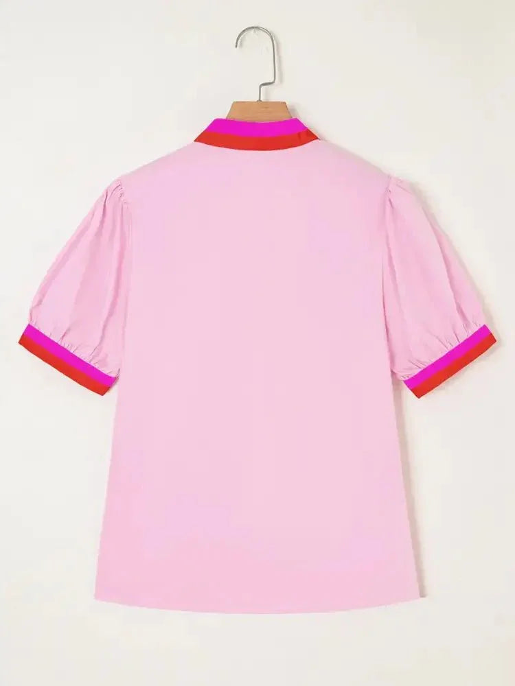 Contrast Trim Notched Short Sleeve Blouse - Update AvenueTrendsi100100037091004100100037091004c02695ee0435403da7975294808c8c58 - Max - OriginBlush Pink