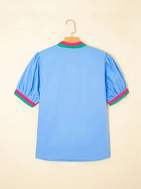 Contrast Trim Notched Short Sleeve Blouse - Update AvenueTrendsi10010003709549910010003709549901834a36ac034e20b5dc09b2f2afbfb1 - Max - OriginLight Blue