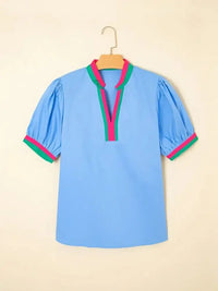 Contrast Trim Notched Short Sleeve Blouse - Update AvenueTrendsi10010003709549910010003709549988f6d279b2c5454f83c5a3de2dbc87da - Max - OriginLight Blue