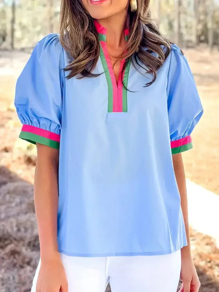 Contrast Trim Notched Short Sleeve Blouse - Update AvenueTrendsi100100037095499100100037095499263899f8b9a248b481ac4e83da2e4b4b - Max - OriginLight Blue