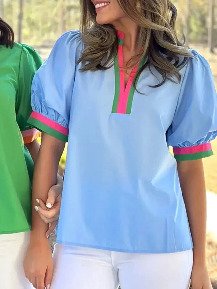 Contrast Trim Notched Short Sleeve Blouse - Update AvenueTrendsi100100037095499100100037095499f2bf5d316dc44187af93efb98c856537 - Max - OriginLight Blue