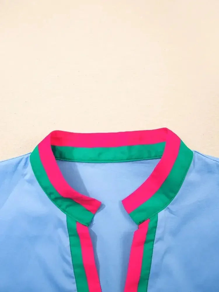 Contrast Trim Notched Short Sleeve Blouse - Update AvenueTrendsi10010003709549910010003709549901c4d501243146bcb837e01cb770cc4c - Max - OriginLight Blue