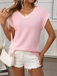 Contrast Trim V - Neck Short Sleeve Knit Top - Update AvenueDaily EssentialsTrendsi10010034272551510010034272551520198c25 - a8b5 - 498c - a52d - d277f989b293 - MaxBlush Pink