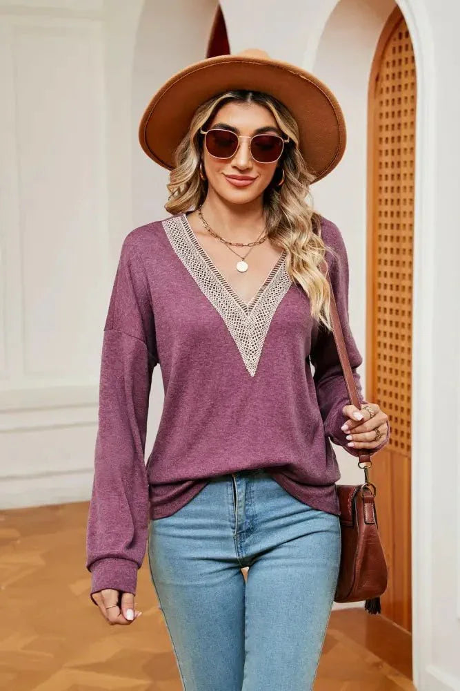 Contrast V - Neck Long Sleeve Blouse - Update AvenueTrendsi1001011325072641001011325072645ba30bbaf45546908f534f48a2abebbe - MaxLilac