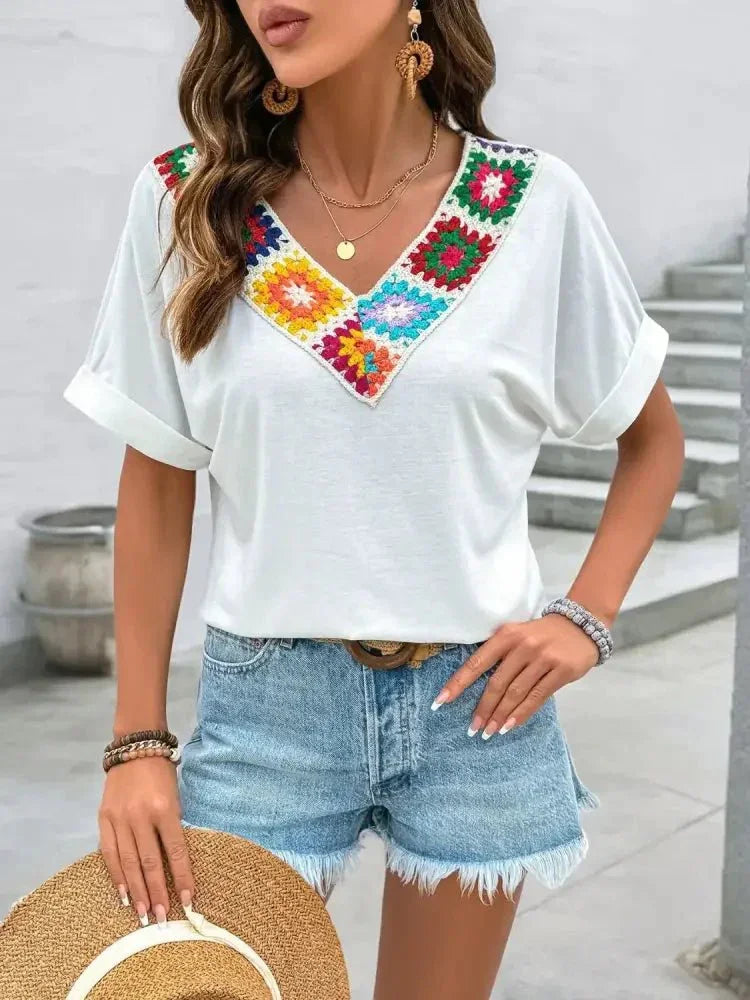 Contrast V - Neck Short Sleeve Top - Update AvenueT-ShirtsTrendsi100100323891853100100323891853079852d4 - 902d - 4001 - bbcf - f500fc578710 - Max - OriginWhite