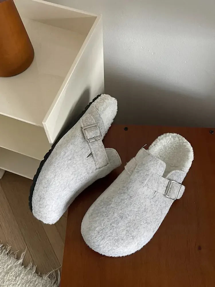 Cozy Plush Buckle Detail Slip-Ons