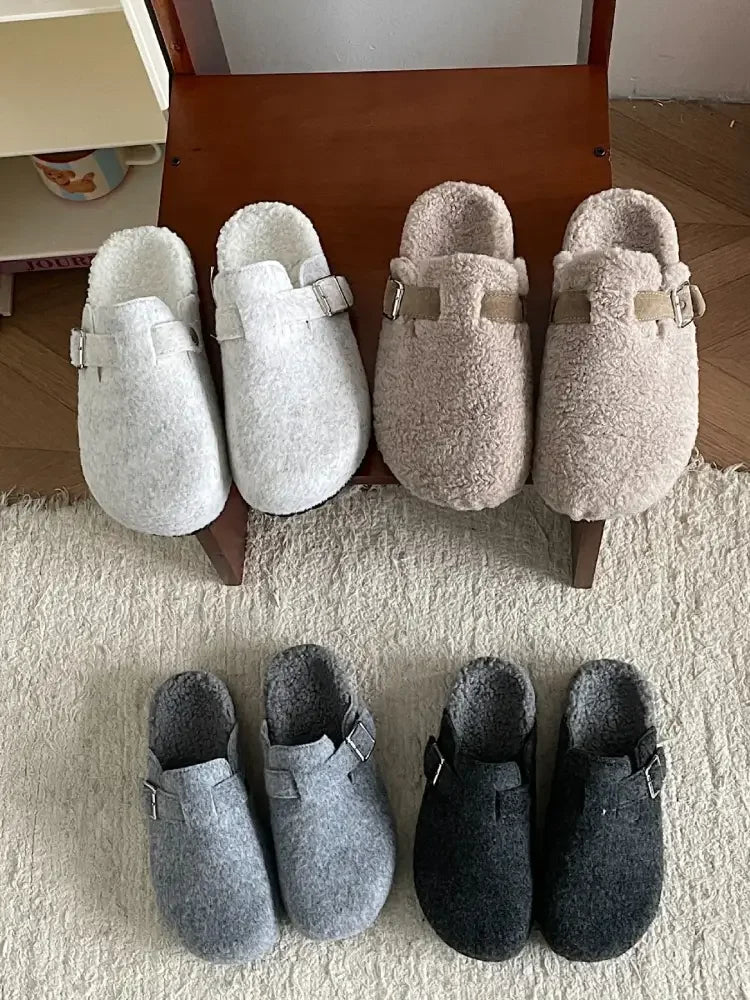 Cozy Plush Buckle Detail Slip-Ons