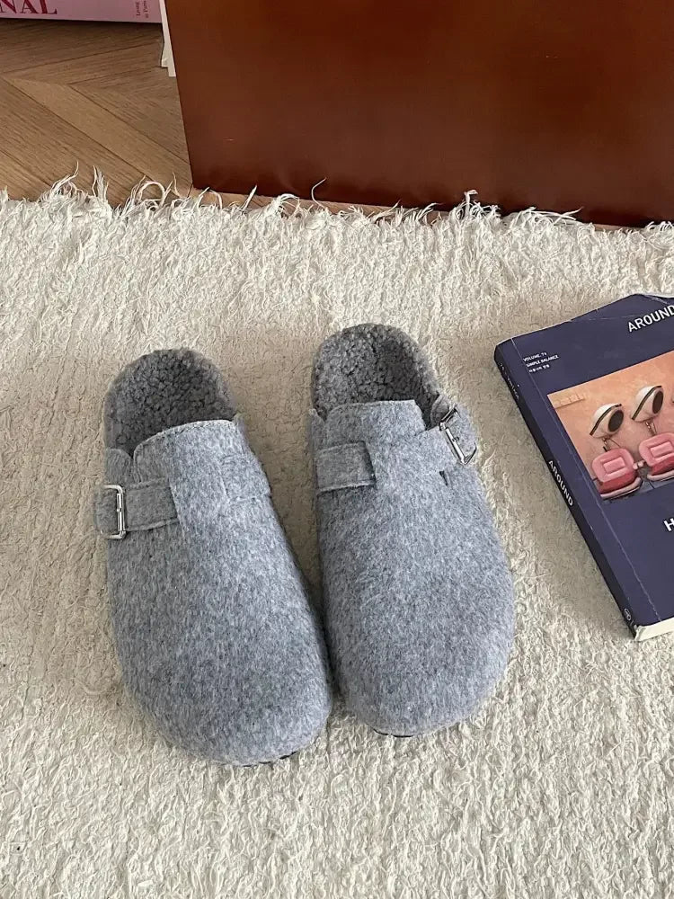 Cozy Plush Buckle Detail Slip-Ons