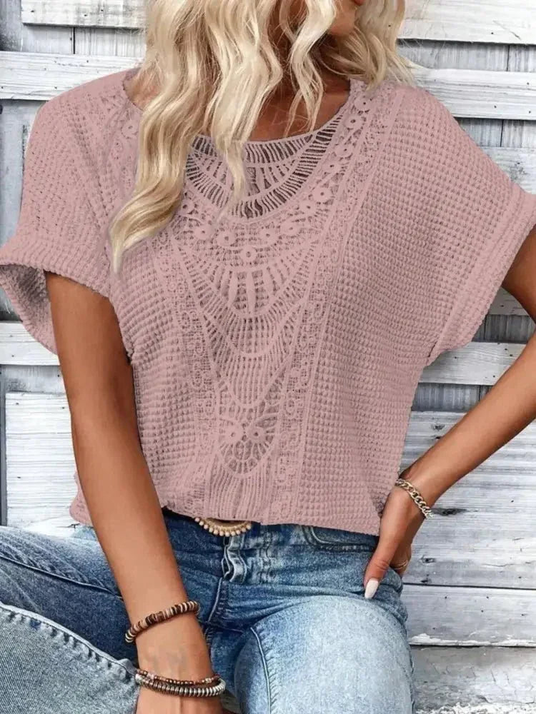 Crochet Lace Short Sleeve Casual T-Shirt - Update AvenueT-ShirtsTrendsi1001002534706151001002534706152fae07b0 - 08dc - 49a1 - ac36 - 446085933c7e - Max - OriginPink