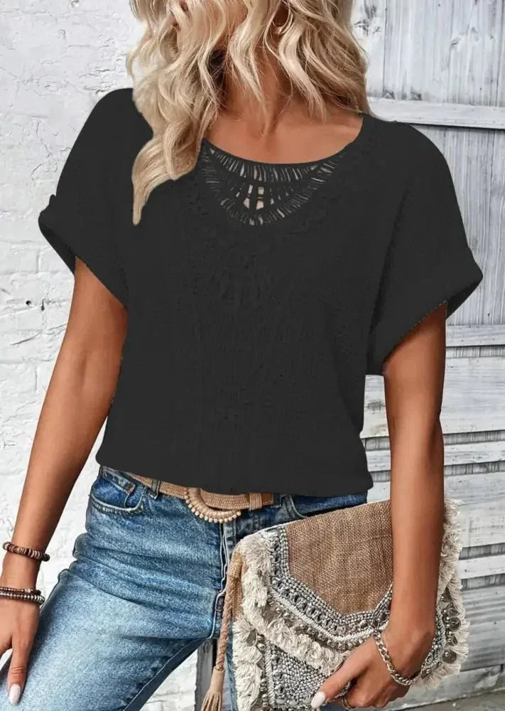 Crochet Lace Short Sleeve Casual T-Shirt - Update AvenueT-ShirtsTrendsi1001002534748261001002534748266253a422 - a2ba - 4ccd - af6e - 89afd5455fa7 - Max - OriginBlack