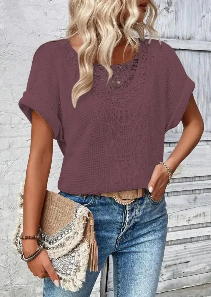 Crochet Lace Short Sleeve Casual T-Shirt - Update AvenueT-ShirtsTrendsi100100253479082100100253479082944bf5a1 - a887 - 4dac - b44f - e002ea5b8f61 - Max - OriginPlum Purple
