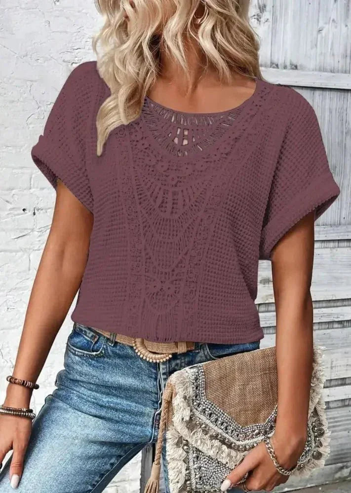 Crochet Lace Short Sleeve Casual T-Shirt - Update AvenueT-ShirtsTrendsi100100253479082100100253479082516be31f - 8756 - 4329 - 85da - 19ecb4d892a4 - Max - OriginPlum Purple