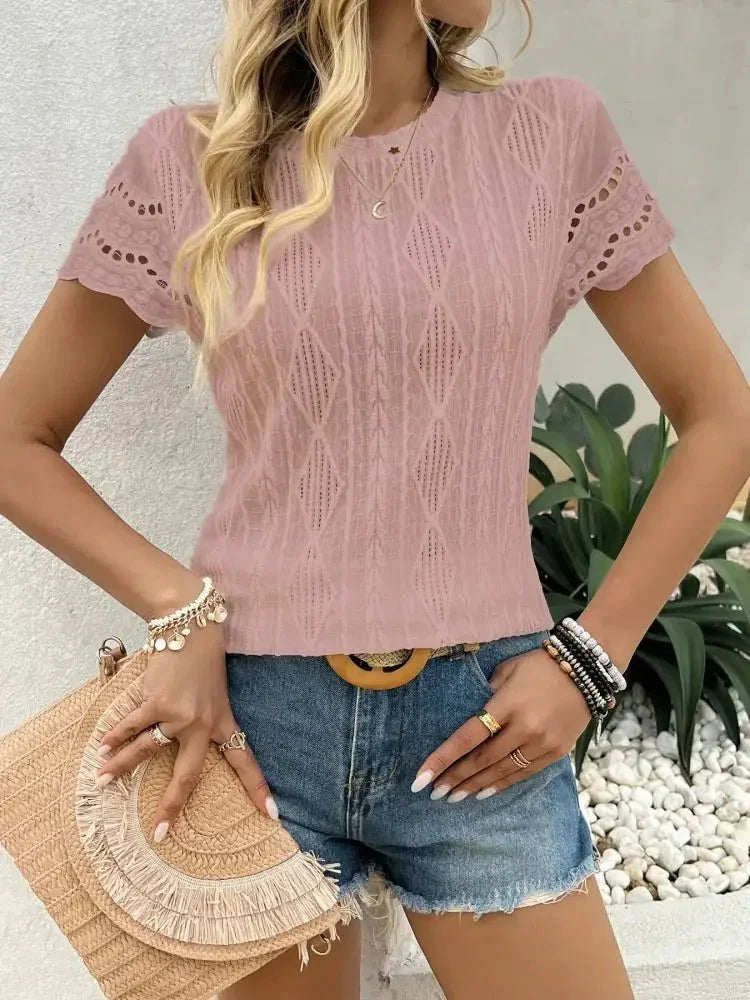 Crochet Lace Short Sleeve T-Shirt - Update AvenueT-ShirtsTrendsi1001004861424501001004861424507c62788567544ba5bf7831c57ffb660b - Max - OriginDusty Pink