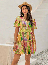 Crochet Trim Printed V - Neck Short Sleeve Mini Dress - Update AvenueBoho VibesTrendsi1001003112410851001003112410857923d2f4 - 85fe - 4ee4 - 9605 - cc6471059367 - MaxYellow