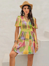 Crochet Trim Printed V - Neck Short Sleeve Mini Dress - Update AvenueBoho VibesTrendsi100100311241085100100311241085c8faff80 - c0ac - 43f9 - a741 - e6abe1a340b9 - MaxYellow