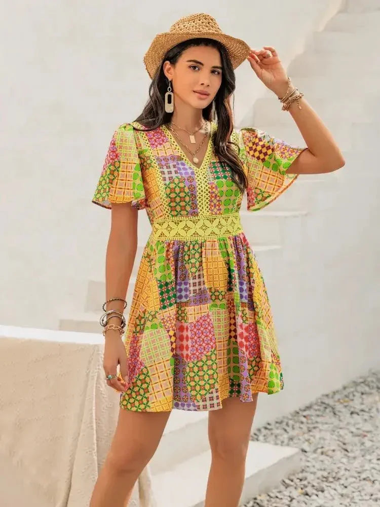 Crochet Trim Printed V - Neck Short Sleeve Mini Dress - Update AvenueBoho VibesTrendsi1001003112410851001003112410859568d42e - fd4f - 4c95 - a90c - 8848b126688f - MaxYellow