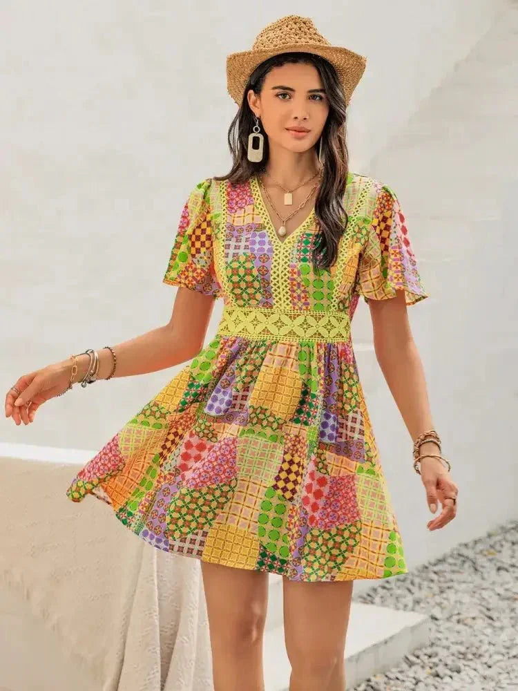 Crochet Trim Printed V - Neck Short Sleeve Mini Dress - Update AvenueBoho VibesTrendsi1001003112410851001003112410853676f606 - 0b60 - 4cd2 - 8413 - 5216b93d378a - MaxYellow