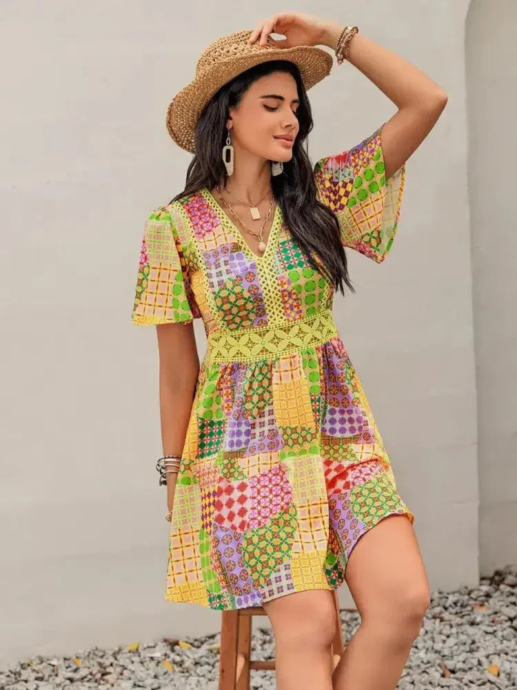 Crochet Trim Printed V - Neck Short Sleeve Mini Dress - Update AvenueBoho VibesTrendsi1001003112410851001003112410854a23dd4d - 7a6d - 4323 - b20f - 054037a0075d - MaxYellow