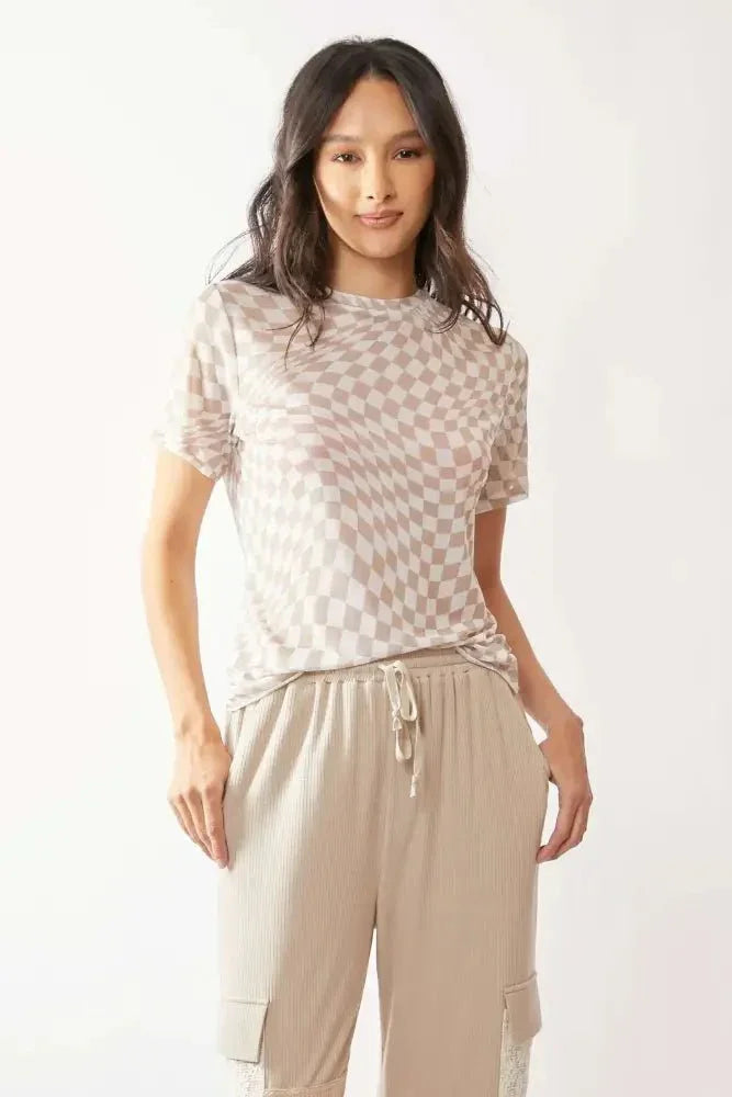Davi & Dani Checker Board Printed Mesh Short Sleeve Top - Update AvenueTrendsi1001000149015781001000149015786aa98c0aa5da46379d7841151324bec2 - Max - OriginIVORY TAUPE