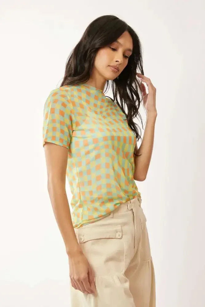 Davi & Dani Checker Board Printed Mesh Short Sleeve Top - Update AvenueTrendsi100100420061470100100420061470ba76b934a54b4f978dd6f5a5955810fe - Max - OriginYELLOW MINT