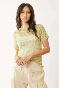 Davi & Dani Checker Board Printed Mesh Short Sleeve Top - Update AvenueTrendsi10010042006147010010042006147062664e40eda14be4be17526dde9b28c6 - Max - OriginYELLOW MINT