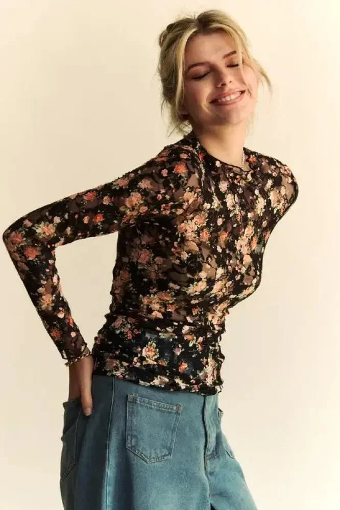 Davi & Dani Floral Print Mesh Long Sleeve Layering Top - Update AvenueT-ShirtsTrendsi100100288381678100100288381678c0c9f7826e1c4ee68bca9cccaf645b27 - Max - OriginBlack/Orange