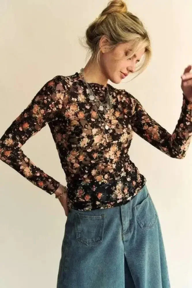 Davi & Dani Floral Print Mesh Long Sleeve Layering Top - Update AvenueT-ShirtsTrendsi1001002883816781001002883816789c0a0c61e461406c808a75f6db13fec7 - Max - OriginBlack/Orange