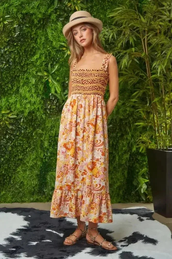 Davi & Dani Multi Smocked Bodice Geo Ruffle Strappy Midi Dress - Update AvenueBoho VibesTrendsi100100651881107100100651881107b2bb8cd94075465fa2d64f4b468fd5ff - Max - OriginOrange Tan