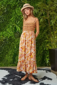 Davi & Dani Multi Smocked Bodice Geo Ruffle Strappy Midi Dress - Update AvenueBoho VibesTrendsi100100651881107100100651881107b2bb8cd94075465fa2d64f4b468fd5ff - Max - OriginOrange Tan