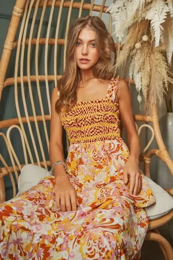 Davi & Dani Multi Smocked Bodice Geo Ruffle Strappy Midi Dress - Update AvenueBoho VibesTrendsi100100651881107100100651881107f84877d29baa49fcbbe9b143714744fb - Max - OriginOrange Tan