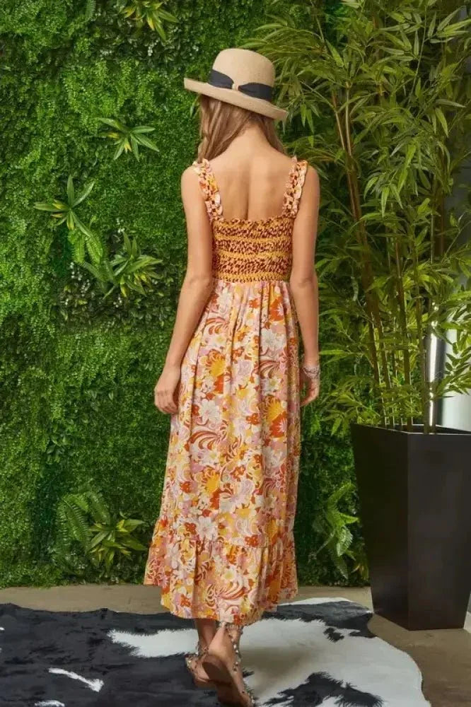 Davi & Dani Multi Smocked Bodice Geo Ruffle Strappy Midi Dress - Update AvenueBoho VibesTrendsi1001006518811071001006518811072e167e7aa04040cea9d013b59ae679e1 - Max - OriginOrange Tan