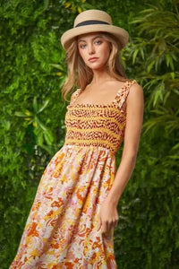 Davi & Dani Multi Smocked Bodice Geo Ruffle Strappy Midi Dress - Update AvenueBoho VibesTrendsi1001006518811071001006518811079a0bc556012543e09b4e40e1900f563a - Max - OriginOrange Tan